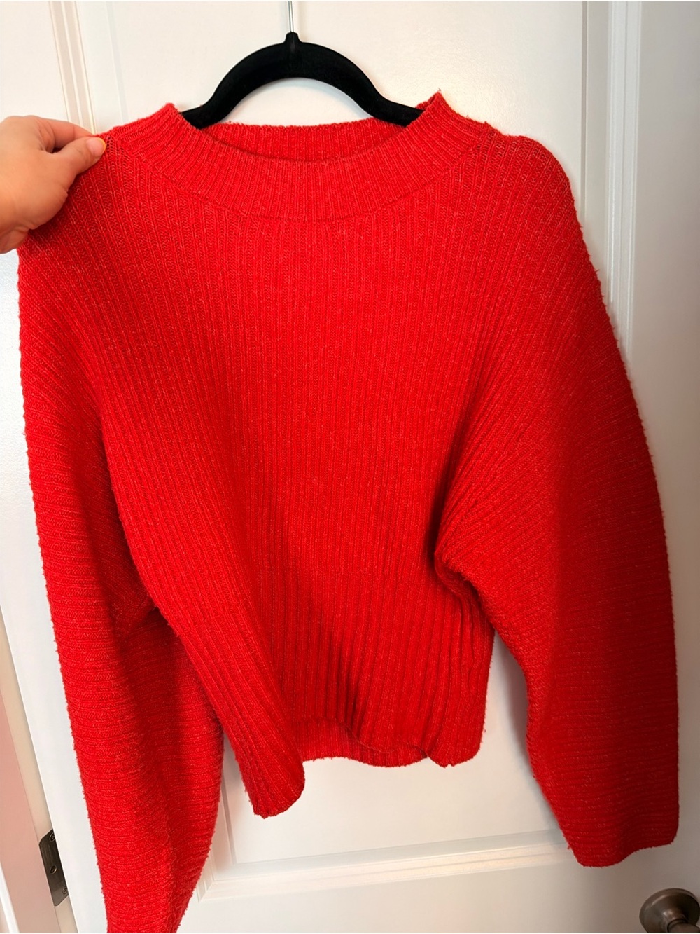 Pink Rose Red Ribbed Crewneck Sweater